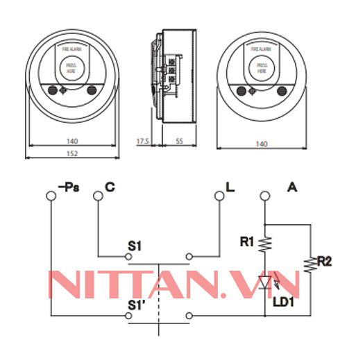 1MH2A Nút ấn báo cháy thường có giắc điện thoại loại chống ngắn mạch, Hệ báo cháy thường chuẩn JP