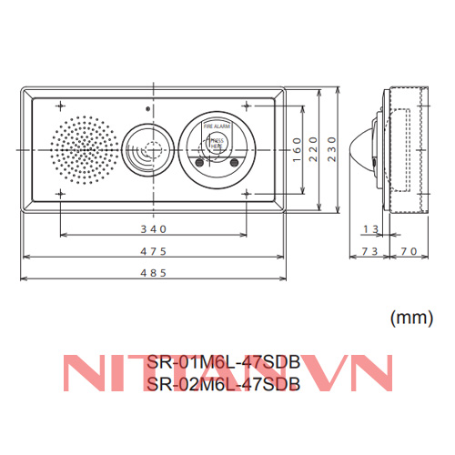 SSU-01M6L-47SDB Bộ tổ hợp chuông đèn nút nhấn loại nằm ngang, Hệ báo cháy thường chuẩn JP